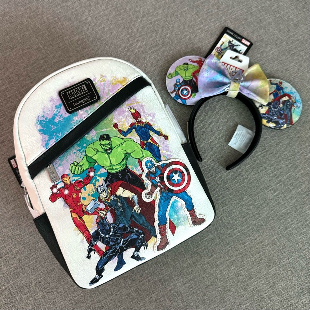 Disney Parks Avengers Art Loungefly Backpack and Ears Bundle